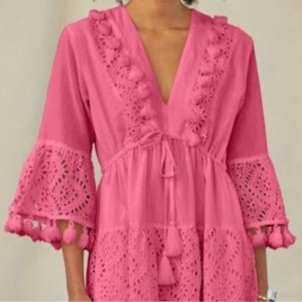 NWT Sundance RENATA DANCING Boho Tassel Eyelet Tiered Ruffle Sleeve Dress SMALL
